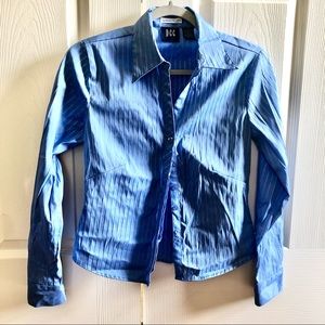 Women's DCC Missy Blue W/ Silver Pin Stripe Stretch Button Up Shirt Size Small